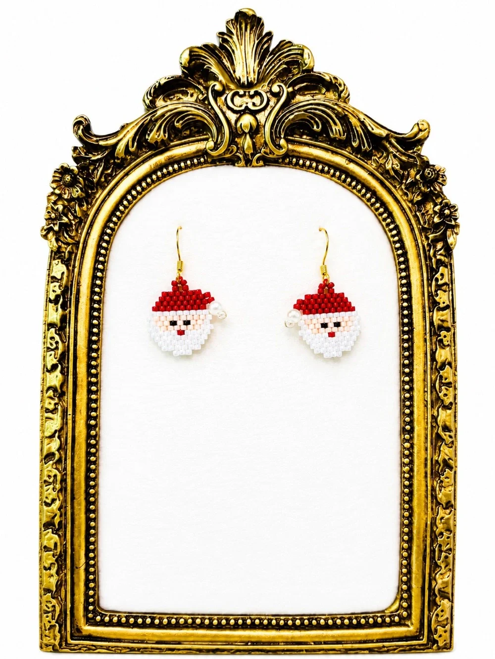 Beaded Santa Face Drop Earrings - Red & White